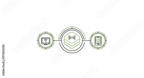 Conceptual illustration of digital devices connected to a central server.