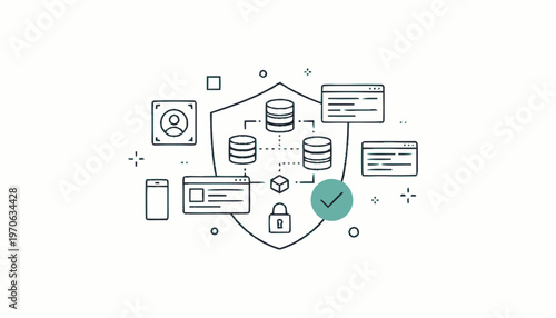 Data Protection Shield with Database and Security Icons.