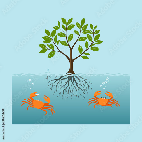 Tropical mangrove tree in the blue sea with crabs on the sandy bottom for marine life and coastal conservation themed illustrations