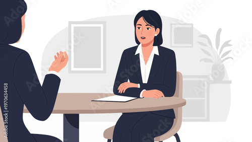 Two women in business suits in a job interview or business meeting