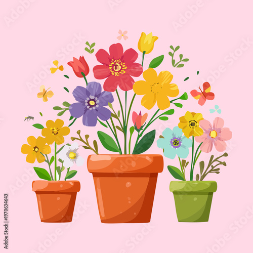 Set of three potted flowering plants for balcony garden styling floral boutique branding seasonal nursery promotions and home improvement blog visual content creation