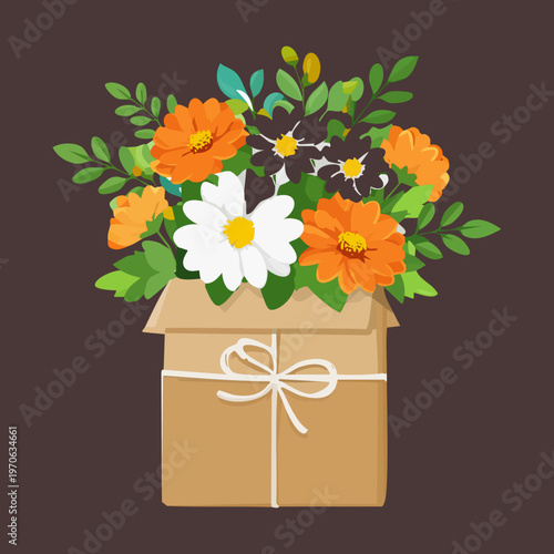 Autumn flowers in a cardboard box for seasonal porch decoration garden center delivery services thanksgiving floral arrangements and botanical gift set packaging design