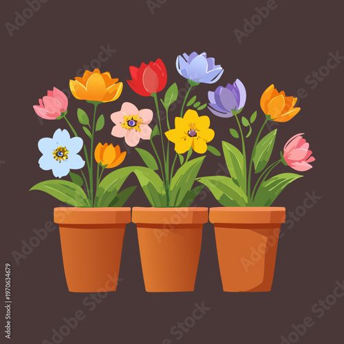 Spring flowers in terracotta pots for traditional garden decor nursery inventory displays seasonal floral marketing and outdoor living space improvement graphic design