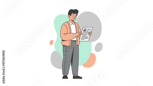 Man in Casual Clothes Reviewing Document with Photo and Text