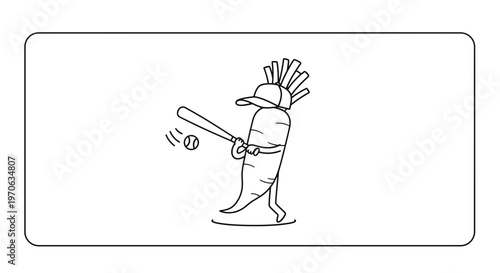 Carrot character playing baseball, hitting a ball with a bat, cartoon style