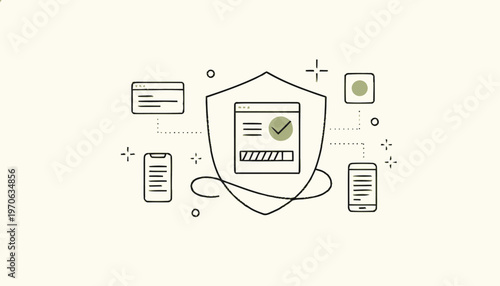 Data Protection Shield with Devices and Checkmark Illustration.