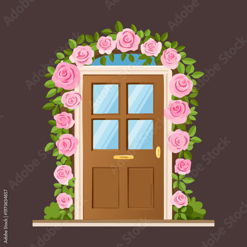 Classic brown door framed with vibrant flowers for home improvement blog graphics property management branding and welcoming garden landscape architecture visual assets