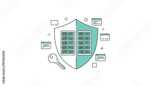 Data Protection Shield with Key and Floating Documents Illustration.