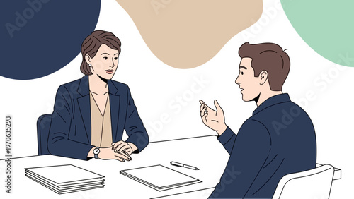 Job Interview: Woman interviewer and man candidate discussing at desk