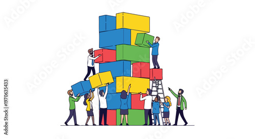A group of diverse professionals collaborates to build a tall tower using large colorful blocks, illustrating teamwork and business growth.