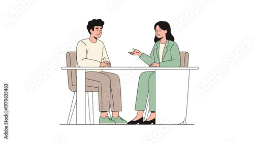 Job interview or business meeting between man and woman at desk, illustration