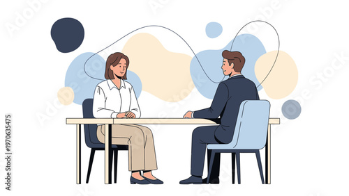 Business meeting: woman looking sad, man in suit, abstract shapes background