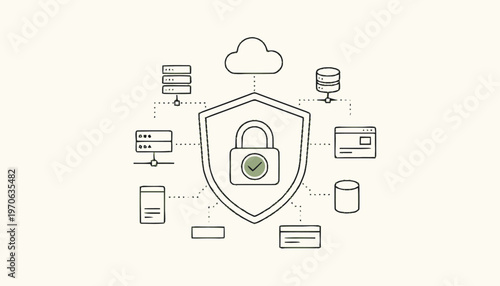 Data Protection Shield with Padlock and Cloud Security Illustration.