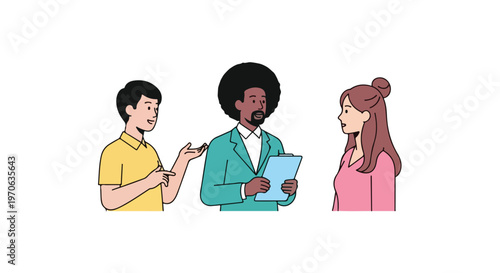 A group of three diverse professionals discussing information while one holds a blue clipboard in a minimalist flat vector style.