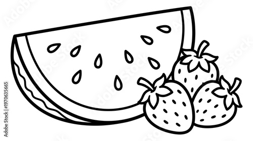 Black and white illustration of a juicy watermelon slice with ripe strawberries, perfect for coloring pages or design elements