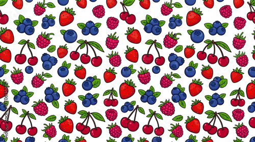 A delightful seamless pattern featuring a vibrant assortment of fresh berries, including strawberries, blueberries, raspberries, and cherries, perfect for summer-themed designs and culinary creations