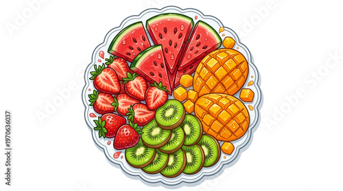 A vibrant platter of fresh, sliced tropical and berry fruits including watermelon, mango, kiwi, and strawberries, presented on a decorative white plate, perfect for healthy eating and refreshments