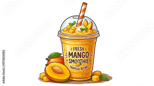 Bright and refreshing tropical mango smoothie illustration, featuring a clear cup filled with vibrant blended fruit, a striped straw, and fresh mangoes