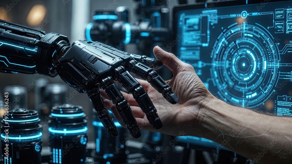 Naklejka premium Human and robotic interaction in a futuristic tech hub digital art cyber environment close-up