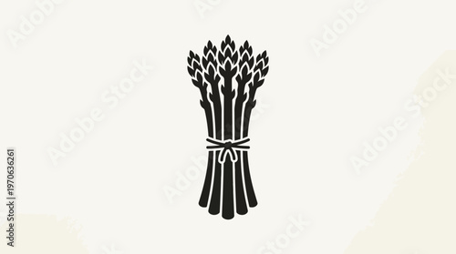 A bundle of fresh asparagus tied with a string, presented as a minimalist black and white icon on a light beige background