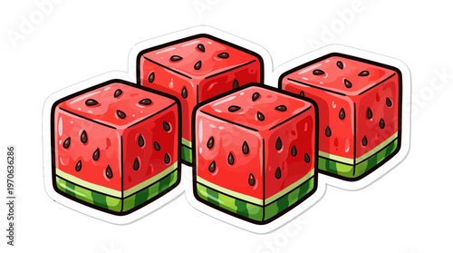 Vibrant and sweet watermelon cube stickers illustration, perfect for a refreshing summer theme. Four juicy red and green fruit pieces with a playful design