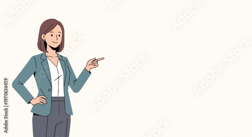 A professional woman in a business suit smiles confidently while pointing to the side, set against a clean, minimalist background.