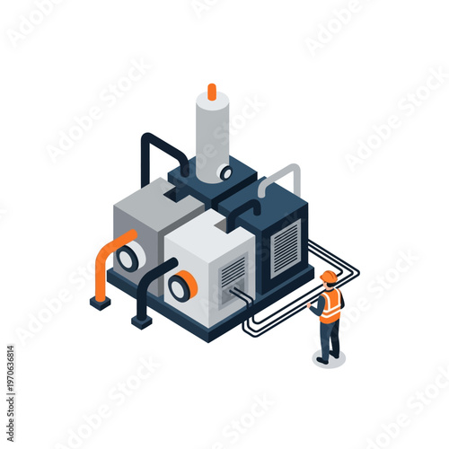 Isometric illustration of an industrial facility with a worker overseeing operations, symbolizing manufacturing and engineering processes