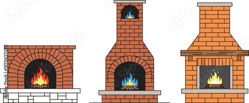 Vector Set of Different Fireplace Designs with Brick, Stone, and Wood Details for Home Heating, Interior Decor, and Cozy Living Spaces