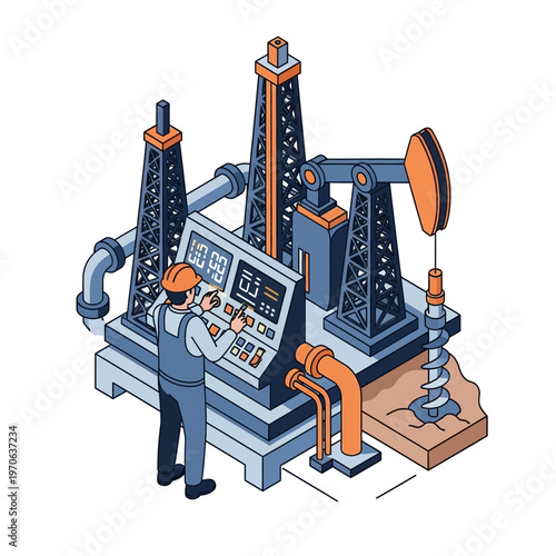 Isometric illustration of an oil industry site. An engineer operates a control panel for crude oil extraction with pumpjacks and derricks. Represents industrial energy production and technology