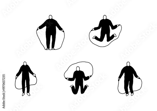 縄跳びをしている人物のゆるい手描きのイラストセット（黒）