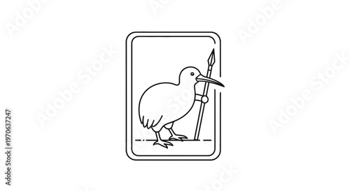 Kiwi Bird Emblem with Spear, New Zealand Icon, Vector Line Art