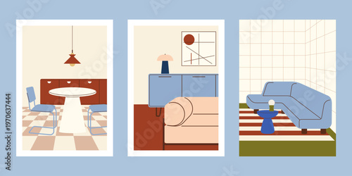 Cozy modern home interior poster series. Flat design interior rooms and furniture illustration bundle.
