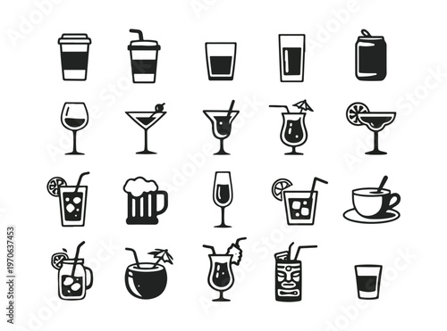 Modern Drinks and Beverage Icon Set Flat Vector Cocktail Coffee Alcohol Icons