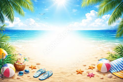 Tropical beach background with palm leaves, sandals and copy space, summer vacation concept,夏のビーチと青い海、ヤシの葉とサンダルのあるリゾート背景（コピースペースあり）