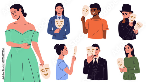 Flat vector set of people holding theatrical masks to represent emotions, identity, and dual personality. ideal for psychology, mental health awareness, social behavior, acting, and human emotion 