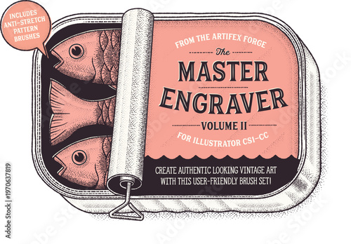 Master engraver volume 2 for illustrator csi-cc with anti-stretch pattern brushes, authentic looking vintage art with user-friendly brush set, retro fish in tin can illustration.