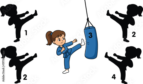 Martial arts kicking illustration, karate training artwork, taekwondo practice design, combat sports icon, fitness exercise graphic, dynamic motion silhouette comparison