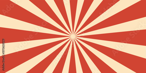 Retro red background with vintage circus sunburst. Psychedelic colorful swirl poster, abstract pattern in 70s carnival style. Hypnotic sunburst vector illustration.