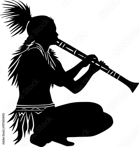 Silhouette of an Indigenous Person Playing a Traditional Andean Flute