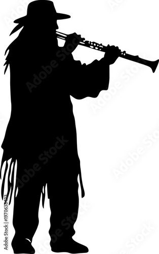 Silhouette of an Indigenous Person Playing a Traditional Andean Flute
