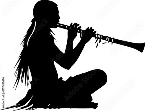 Silhouette of an Indigenous Person Playing a Traditional Andean Flute