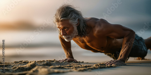 Dawn exercise scene. An older man intense training on dawnlit beach with sweaty perseverance