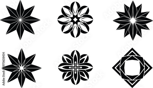 Set of geometric floral star ornaments, black and white mandala shapes, symmetrical decorative elements, abstract vector design collection