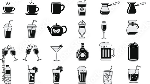 Set of beverage drink icons, coffee tea cocktails beer soda collection, black white vector illustration, cafe bar menu symbols