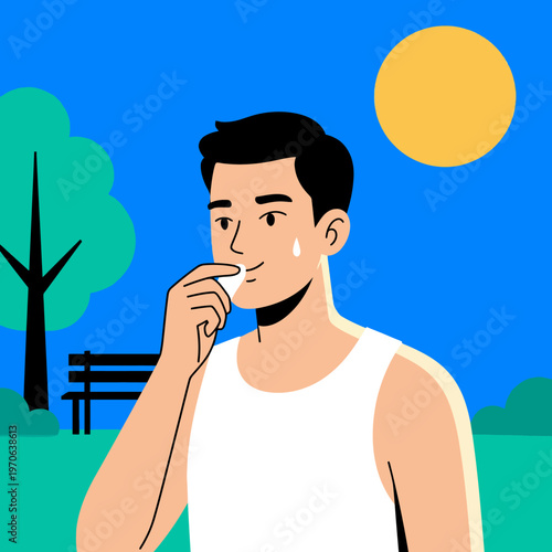 Man wiping sweat from upper lip with tissue during hot summer day in park vector illustration