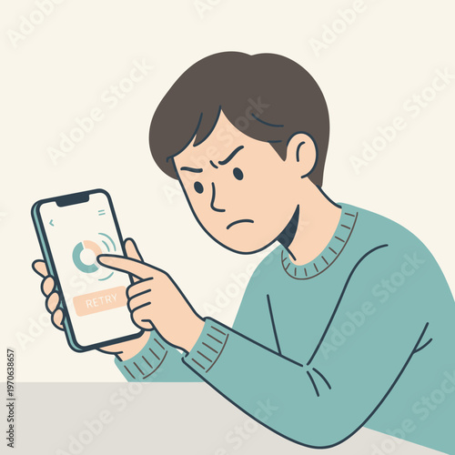 Frustrated person tapping smartphone screen repeatedly due to technical error or lag vector illustration