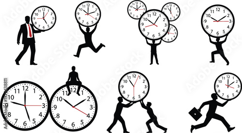Silhouette people clocks time management urgency burden dynamic poses illustration design, symbolic artwork concept, productivity theme, deadline symbol graphic image