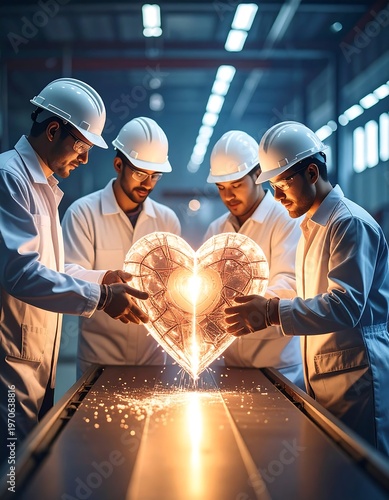 Four engineers in white lab coats hold a glowing heart-shaped metal form, surrounded by sparks and warm light in a large industrial setting