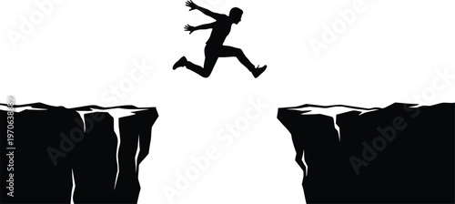Silhouette person cliff jump risk challenge determination obstacle overcoming illustration design, symbolic artwork concept, courage theme, success symbol graphic image