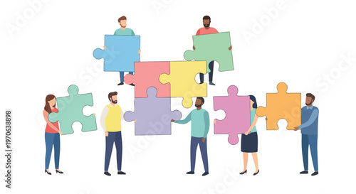 A group of diverse people working together to assemble a large, colorful jigsaw puzzle, symbolizing teamwork, collaboration, and unity.